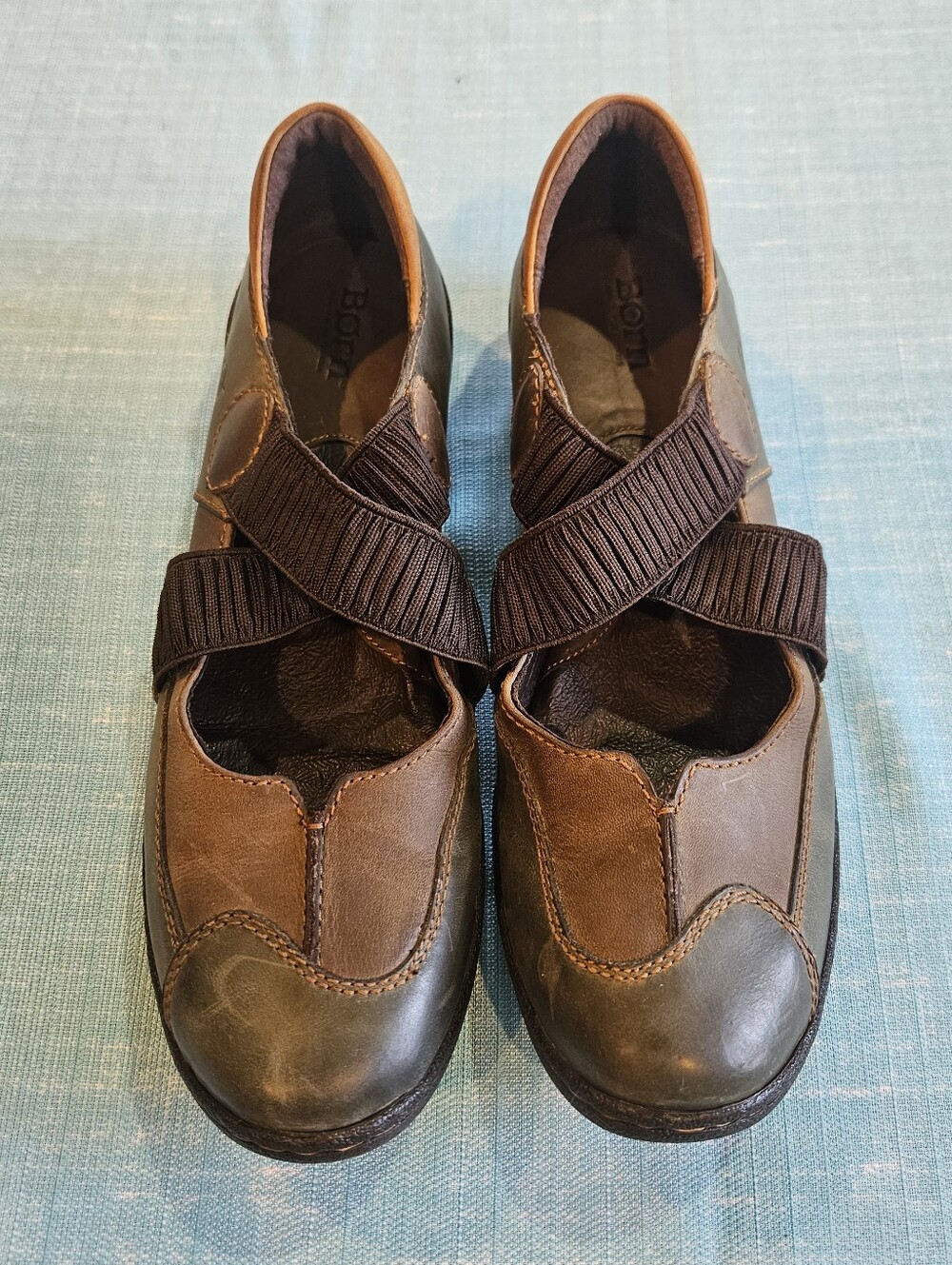 Born Brown Leather Slip-On Flats with Elastic Cross Straps